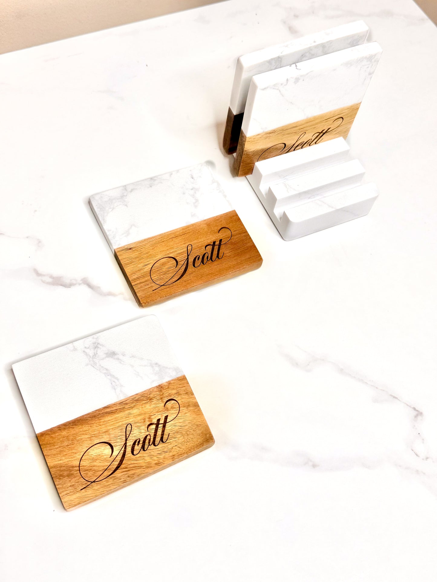 Personalized Marble and Acacia Wood Coasters