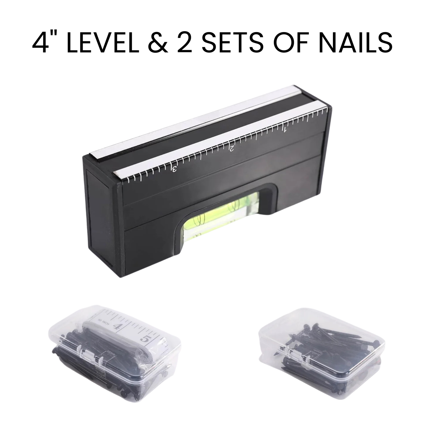 4-inch level with two sets of nails on a white background