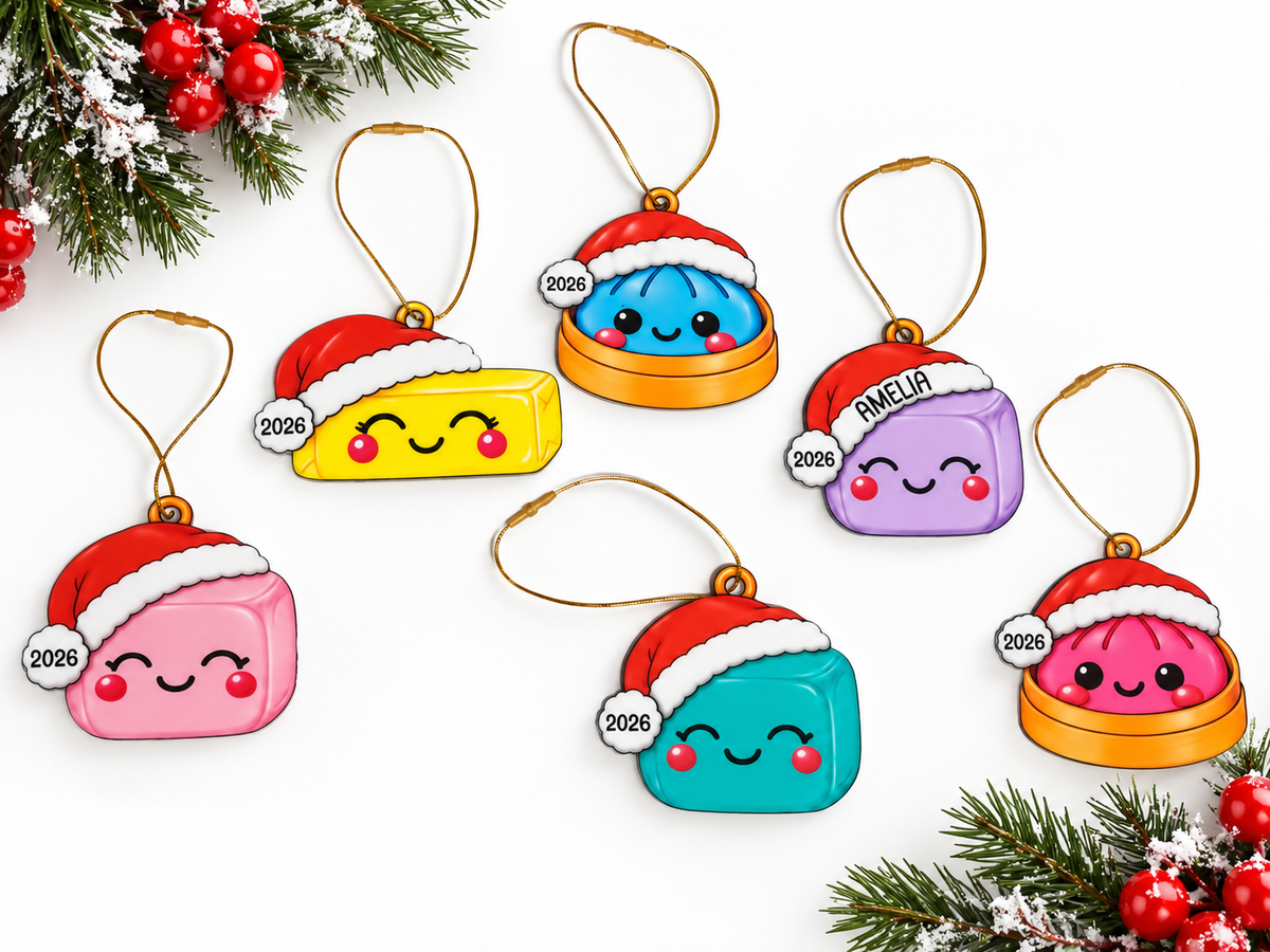 2026 Needoh Dumpling, Butter, and Ice Cube Christmas Ornament with Santa hat
