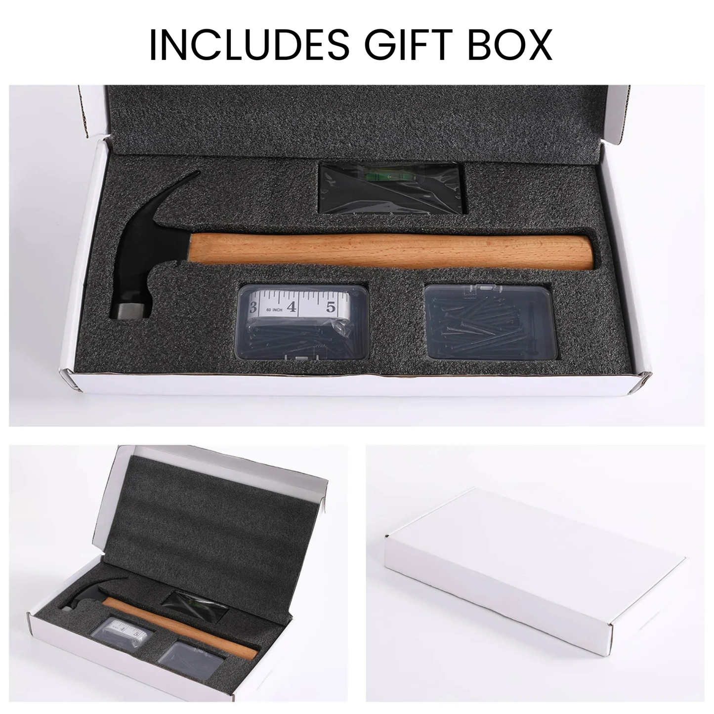 Set with a hammer, ruler, and small tool in a gift box on a white background.