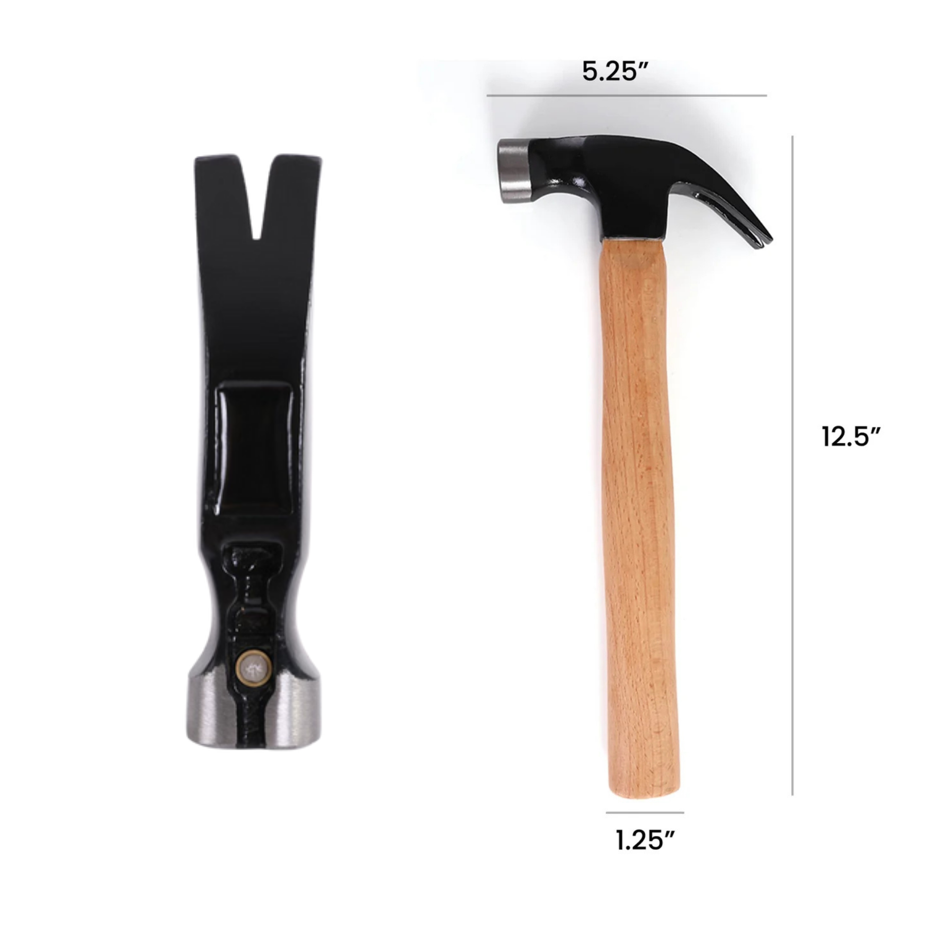 Two hammers with measurements indicated on a white background