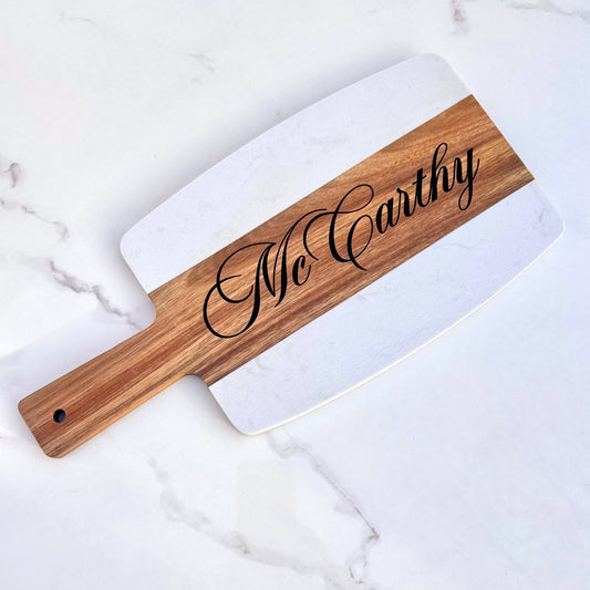Personalized Marble and Acacia Cheese Board with Last Name