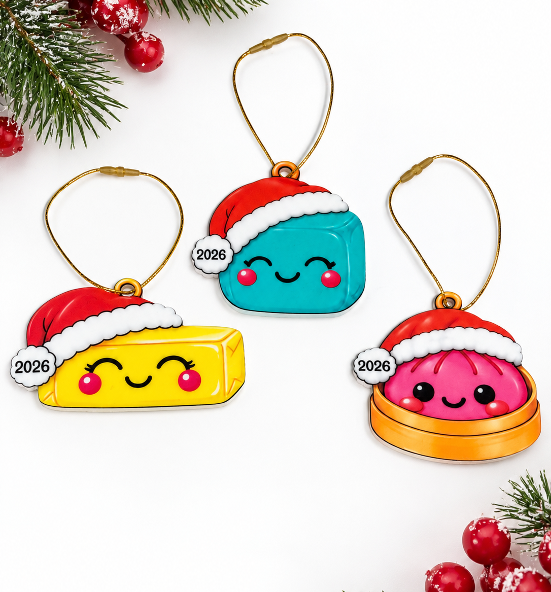 Squishy Dumpling, Butter, and Ice Cube Christmas ornaments with Santa hats