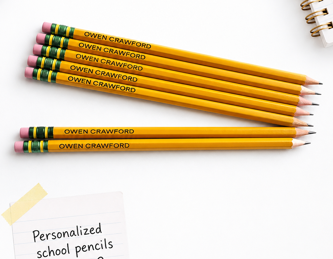 Six personalized yellow school pencils with the name 'OWEN CRAWFORD' printed on them, arranged on a white background with a spiral notebook, a small plant, and a sticky note that reads 'Personalized school pencils'.