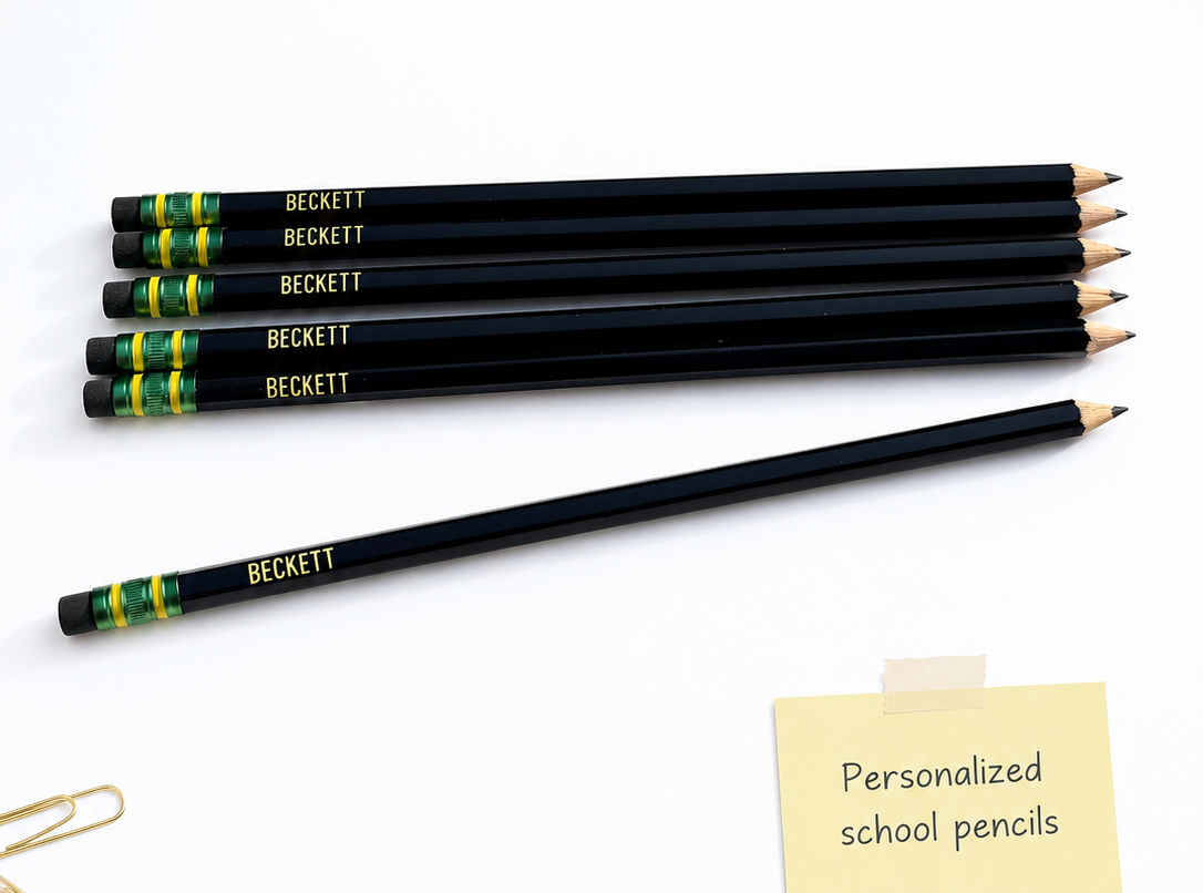 Five personalized black school pencils with gold 'BECKETT' branding are arranged on a white background, alongside a small potted plant, gold paperclips, and a sticky note that reads 'Personalized school pencils'.