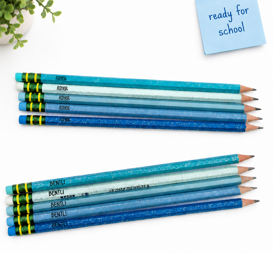 Two sets of a variety of blue school pencils arranged on a white background, and a blue sticky note that reads 'ready for school' in the top-right. The pencils are glitter blue and teal with  erasers.
